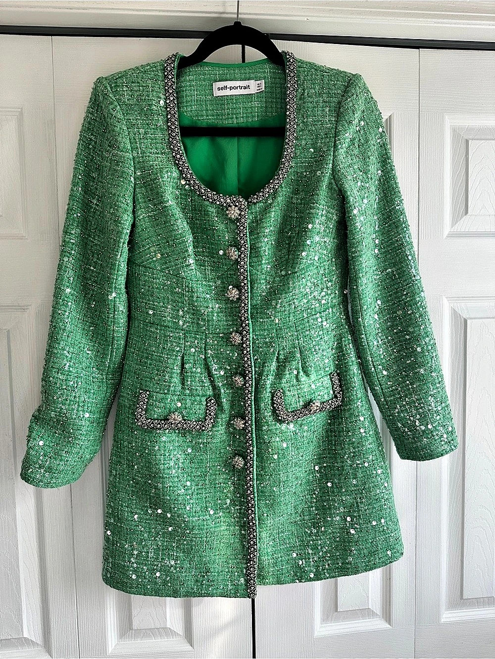 Self-Portrait Sequined Bouclé Minidress Green Size 4 Like New